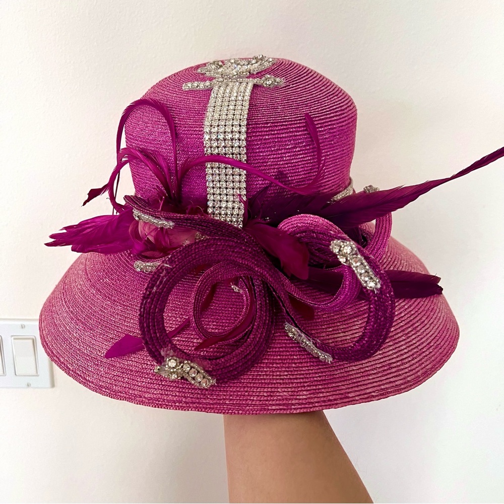 NWT CORTI Italy Wide Brim Rhinestone Feather Church Wedding Formal Hat Pink Vtg